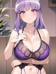 ai_generated bra close-up embarrassed female_focus female_only gogo_no_kouchou_junai_mellow_yori hentai high_resolution highres huge_breasts indoors lingerie living_room looking_at_viewer nai_diffusion ponytail pov purple_eyes purple_hair shiny_hair shiny_skin skyrimgamer17 stable_diffusion upper_body yayoi_mizuno