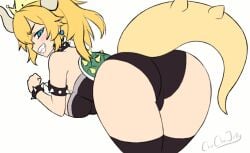 1girls 2d 2d_animation animated ass bent_over blonde_hair bowsette breasts chuchujelly clothing dat_ass evil_smile female female_only fully_clothed horns koopa looking_at_viewer looking_back mario_(series) new_super_mario_bros._u_deluxe okamura ponytail rule_63 sharp_teeth simple_background smile solo tail tail_raised thighhighs tied_hair turtle_shell white_background