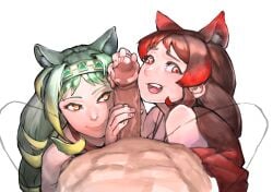 1boy 2girls 2girls1boy animal_ears brown_hair commission commission_art commissioner_upload cooperative_handjob femdom ffm_threesome glans glans_rub gradient_hair green_hair hairband handjob hippopotamus_(kemono_friends) hippopotamus_ears hippopotamus_gorgops_(kemono_friends) kemono_friends kemonomimi large_penis light-skinned_female light-skinned_male long_hair multicolored_hair orgasm_denial penis pov red_eyes red_hair rubbing_glans rubbing_penis smile tagme teasing threesome urethral_fingering vertutame yellow_eyes yellow_hair