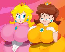 2girls 3barts ass_bigger_than_head big_ass big_breasts big_butt blonde_hair blue_eyes breasts_bigger_than_head dumptruck_ass female female_only huge_ass lipstick looking_at_another mario_(series) massive_breasts nintendo orange_hair princess_daisy princess_peach thick_thighs wide_hips