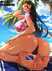 1girls absurd_res artist_name ass back back_view barefoot beach beach_towel big_ass big_breasts bikini bikini_bottom black_hair blue_eyes breasts character_name clothing cloud curvy eyelashes eyewear eyewear_on_head female female_focus female_only floral_print g-string glasses glasses_on_head hand_on_thigh hips huge_breasts human ignition_crisis large_ass large_breasts lips looking_at_viewer looking_back nico_robin ocean on_knees one_piece outdoors palm_tree pinup plant pose post-timeskip post_timeskip revealing_clothes sand shiny_skin shirt short_sleeves skimpy smile solo solo_female sundress sunglasses sunglasses_on_head swimsuit thick_thighs thighs thong tied_shirt tree url very_long_hair voluptuous water watermark wide_hips