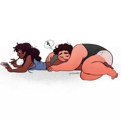 1boy 1girls 2022 ass ass_pillow barefoot bigger_male canon_couple cartoon_network closed_eyes connie_maheswaran curly_hair duo duo_focus full_body fully_clothed head_on_ass hugging indian indian_female laying_on_stomach long_hair pajamas panties pencil playing_game saliva_trail santan999 short_hair shorts signature sleeping_on_person steven_quartz_universe steven_universe tank_top tied_hair white_background wholesome