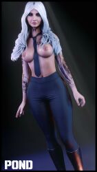 3d 3d_artwork arm_tattoos big_breasts boots breast_tattoo breasts exposed_breasts eyeshadow face_scar female female_focus female_only leggings lily_pond_bloom long_hair nopixel perky_breasts pinup pinup_pose police policewoman seductive_look solo solo_female solo_focus tattoos thigh_highs tie tight_clothing topless_female white_hair