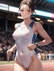 ai_generated ai_mirror athletic athletic_female barely_visible_genitalia brown_eyes brown_hair cameltoe hi_res one-piece_swimsuit ponytail running sweat watch