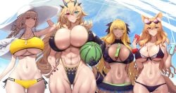 4girls abs barghest_(gawain)_(fate) bikini blonde_hair breast_size_difference breasts fate/grand_order fate_(series) female florence_nightingale_(chaldea_lifesavers)_(fate) florence_nightingale_(fate) fox_ears fox_girl green_eyes hat height_difference heterochromia hi_res hips huge_breasts kitsune large_breasts large_hat light-skinned_female light_skin long_hair orange_hair pink_hair red_eyes shiroshisu sun_hat suzuka_gozen_(fate) tan tan-skinned_female tanned_skin thick_thighs thighs vritra_(fate) wide_hips yellow_eyes