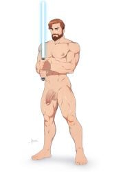 1boy 1male abs balls bara beard biceps big_balls big_penis blue_eyes censored completely_nude facial_hair flaccid flaccid_penis gay hairy hi_res highres huge_cock lightsaber_hilt looking_at_viewer male male_focus male_only muscles muscular muscular_arms muscular_legs muscular_male muscular_thighs nipples nude obi-wan_kenobi penis reiner55 solo solo_male star_wars vein veiny_penis