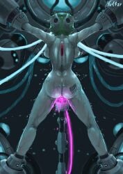 absurdres arms_up artist_name ass ass_tattoo back backboob barcode barcode_tattoo breasts cable colored_skin commentary completely_nude dildo english_commentary female from_behind gardevoir glowing green_hair highres humanoid kneepits large_breasts legs legs_apart machinery nude object_insertion outstretched_arms personification pokémon_(species) pokemon pokemon_(species) pussy restrained sex_machine sex_toy short_hair signature solo suspension sweat tattoo thighs uncensored vaginal_object_insertion vaginal_penetration white_skin yultzr