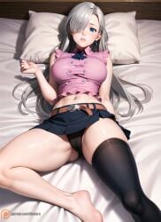 1girls 2023 ai_generated belly black_thighhighs blue_eyes blush curvaceous curvy curvy_body curvy_female curvy_figure detailed elizabeth_liones embarrassed feet from_above front_view grey_hair hi_res highres illumaru jewelry laying_on_bed long_hair looking_at_viewer miniskirt nanatsu_no_taizai navel on_bed one_eye_covered panties red_shirt seductive_eyes shirt single_thighhigh skirt spread_legs stable_diffusion thick_thighs thighhighs thighs voluptuous voluptuous_female white_hair wide_hips