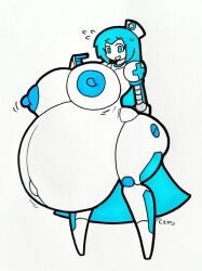 alice_(mr.ctm) ass big_belly big_breasts blue_eyes blue_hair blue_nipples breasts huge_breasts hyper hyper_pregnancy mr.ctm nub_feet nurse nurse_cap popped_navel pregnant pregnant_belly pregnant_female robot robot_girl shy sweatdrop wide_hips