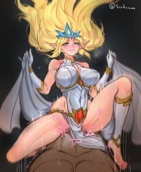 1boy 1girls barefoot big_breasts blonde_hair blue_eyes blush clothed clothed_sex dark-skinned_male dark_skin feet gloves janna_windforce league_of_legends light-skinned_female light_skin long_hair looking_at_viewer male/female pointy_ears presenting pubic_hair riot_games scofa sex smile sweat