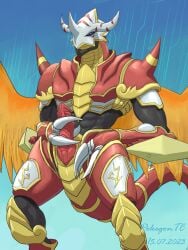 2023 3:4 3_horns anthro armor bandai_namco black_body black_skin blue_eyes burninggreymon claws clothed clothing digimon digimon_(species) digital_media_(artwork) dragon erection feathered_wings feathers genitals headgear helmet hi_res horn male markings masturbation multi_horn muscular muscular_anthro muscular_male orange_wings penis pokegontc red_armor scalie solo tail white_armor wings yellow_armor