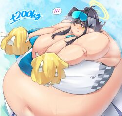 1girls 2022 animal_ears belly black_hair blue_archive breasts cheerleader cheerleader_uniform cleavage dog_ears eyebrows_visible_through_hair eyes_visible_through_hair female female_focus gigantic_belly halo hibiki_(blue_archive) hibiki_(cheerleader)_(blue_archive) honi-san huge_belly huge_breasts hyper hyper_belly massive_belly millennium_science_school_student morbidly_obese obese obese_female overweight overweight_female plump solo solo_female solo_focus ssbbw sunglasses sunglasses_on_head sweat sweating