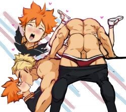 2boys age_difference anal ass bara black_pants blonde_hair coach collage gay haikyuu!! heart hi_res highres hinata_shouyou idoraa kissing lilprincyvi male male_focus male_only male_underwear missionary multiple_boys muscular muscular_male orange_hair pants red_male_underwear shoyo_hinata sportswear teacher_and_student ukai_keishin underwear volleyball_uniform white_background yaoi