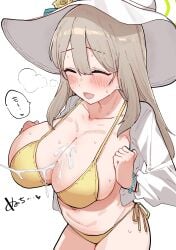 :d ^_^ abydos_high_school_student after_paizuri bikini blue_archive blush bracelet breasts breath closed_eyes cum cum_on_breasts cum_string female foreclosure_task_force_(blue_archive) hat highres kobinbin large_breasts long_hair navel nonomi_(blue_archive) nonomi_(swimsuit)_(blue_archive) open_clothes open_mouth open_shirt shirt smile solo speech_bubble stomach sun_hat sweat swimsuit white_headwear white_shirt yellow_bikini