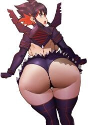 1girls alternate_breast_size ass back_view black_hair blue_eyes breasts dat_ass doublehero female huge_ass huge_breasts kill_la_kill light-skinned_female light_skin matoi_ryuuko nipples senketsu short_hair solo thick_thighs