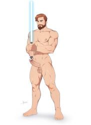 1boy 1male abs balls bara beard biceps big_balls big_penis blue_eyes censored completely_nude erection facial_hair fight_boner gay hairy hard_on hi_res highres huge_cock lightsaber_hilt looking_at_viewer male male_focus male_only muscles muscular muscular_arms muscular_legs muscular_male muscular_thighs nipples nude obi-wan_kenobi penis reiner55 solo solo_male star_wars vein veiny_penis