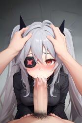 ai_generated blowjob blush cum cute djmax djmax_(series) djmax_respect el_fail_(djmax) eye_contact eyepatch head_grab long_twintails oral pov pubes red_eyes teenager twintails very_long_hair very_long_twintails white_hair