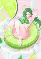 1girls annand_(fire_emblem) armpits ass bare_legs barefoot breasts completely_nude covering covering_breasts drink drinking_straw earrings female female_only fire_emblem fire_emblem:_genealogy_of_the_holy_war fruit glass green_eyes green_hair huge_breasts ice_cube innertube large_ass leaf legs lemon lemon_slice long_hair looking_at_viewer minigirl nintendo nipples nude nude_female sitting smile solo ta_dasu_(tadasu_hayashi) thick_thighs underboob very_long_hair