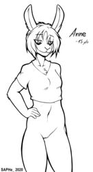 2020 absurd_res anthro artist_name bottomless breasts casual_exposure character_name clothed clothing female front_view fur fur_tuft genitals hair hi_res lagomorph leporid mammal monochrome navel portrait pussy rabbit saphe simple_background solo teenager three-quarter_portrait topwear tuft white_background year young