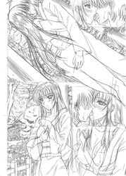 ass_grab blush bottomless breast_grab breasts french_kiss ired_xiii_shiki japanese_clothes kimono kissing kissing long_hair monochrome osakabe_itoko school_rumble sketch tongue yukata