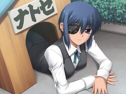 blue_hair dog_house eye_patch kennel smile tagme uniform