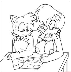 anthro female fox front_view fur furry interspecies knownvortex male monochrome sally_acorn sonic_(series) squirrel tails