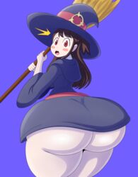 1girls akko_kagari ass big_ass big_butt blush brown_hair bubble_ass bubble_butt huge_ass huge_thighs little_witch_academia long_hair mechspazer pale_skin purple_background red_eyes surprised thick_thighs thighs voluptuous witch witch_hat