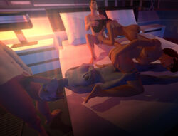 1futa 2boys 2girls 3d 3d_(artwork) all_fours asari ashley_williams bed clothing commander_shepard fellatio femshep futanari gakkou_no_kaidan hetero intersex large_penis liara_t'soni lying male mass_effect multiple_penises on_back on_bed oral_sex orgy pillow standing