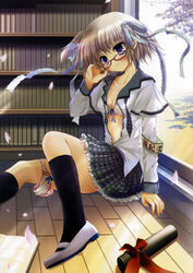 armband black_legwear blush bookshelf bra breasts brown_hair cherry_blossoms cleavage female glasses graduation high_resolution hisuitei izumi_tsubasu kneehighs legs megane open_clothes open_shirt panties panties_around_leg panties_around_one_leg panty_pull pink_panties purple_eyes school_uniform skirt socks underwear white_bra wooden_floor