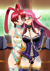 2girls aqua_eyes areolae blush breasts chains cleavage collar costume female_on_futa frills futanari gaogaigar glasses gloves hair handjob intersex kouzaka_kouhei large_breasts large_penis leash long_hair looking_at_viewer megane midriff navel nipples open_mouth orange_eyes panties penis penis_out pink_hair red_hair renais_cardiff_shishiou slave standing utsugi_mikoto