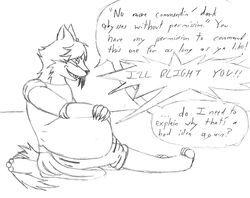 amaroq anthro canid canine canis clothed clothing dialogue english_text male male_pred mammal monochrome no_evil solo stomach_bulge taniciusthefox text vore wolf