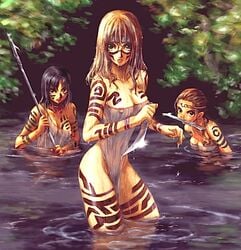 bodypaint breasts dagger green_eyes headband jungle knife nature nipples nishimura_hiroyuki nude polearm see-through spear tribal water weapon wet wet_clothes