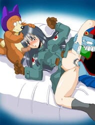 2boys anklehighs black_hair black_socks blush censored coat crew_socks dragon_ball dragon_ball_(classic) emperor_pilaf gangbang gloves group_sex jpeg_artifacts lipstick long_hair mai_(dragon_ball) makeup pilaf pubic_hair sex shu_(dragon_ball) socks spread_legs