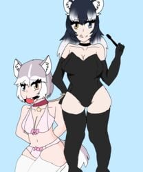 anthro ball_gag bdsm bdsm_gear canid canine dog_(mixed_breed)_(kemono_friends) grey_wolf_(kemono_friends) kemono_friends lesbian