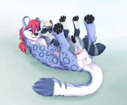 2014 anal anal_sex anus ass balls blonde_hair blue_fur closed_eyes cum cum_in_ass cum_inside feline feral feral_on_feral from_behind fur furry hair kwik legs_up leopard lying male mammal on_back penetration penis pink_hair raccoon sex snow_leopard yaoi
