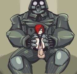 anal_sex armor battlesuit black_dress black_egret clenched_teeth clothed_sex clothing dress dress_lift female from_behind hair huge_cock huge_testicles long_hair male mecha parasoul penetration penis pussy rape red_hair restrained shocked size_difference skullgirls spread_legs thetenk tight_fit veiny veiny_penis