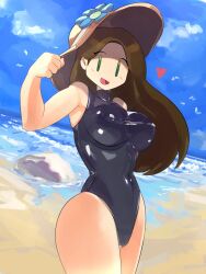 beach big_breasts brickshoes competition_swimsuit flexing heart minstlu_(n0ttter) nipples_visible_through_clothing shadowleggy shiny_clothes sole_female solo_female sun_hat sunhat swimsuit tight_clothing youtube youtuber