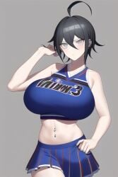 ai_generated black_hair cheerleader cheerleader_outfit cheerleader_uniform danganronpa danganronpa_v3 genderswap_(mtf) grey_eyes huge_breasts midriff nai_diffusion navel_piercing rule_63 saihara_shuuichi shuichi_saihara stable_diffusion