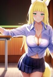 1girls ai_generated big_breasts blonde_hair cleavage dungeon_ni_deai_wo_motomeru_no_wa_machigatteiru_darou_ka haruhime large_breasts long_hair sanjouno_haruhime school school_desk school_uniform schoolgirl schoolgirl_uniform skirt tagme