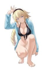 1girls arm_up barefoot bikini bikini_top bikini_top_only black_bikini black_hairband blonde_hair blue_eyes blue_jacket bottomless breasts casual casual_nudity commentary fate/grand_order fate_(series) female female_only hairband highres jacket jeanne_d'arc_(fate) jeanne_d'arc_(swimsuit_archer)_(fate) jeanne_d'arc_(swimsuit_archer)_(first_ascension)_(fate) large_breasts long_hair long_sleeves looking_at_viewer no_panties open_clothes open_jacket pomelomelon simple_background smile solo squatting stomach swimsuit thighs very_long_hair white_background