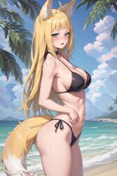 1girls ai_generated beach big_breasts bikini blonde_hair blush cleavage dungeon_ni_deai_wo_motomeru_no_wa_machigatteiru_darou_ka haruhime large_breasts long_hair smile swimsuit tagme