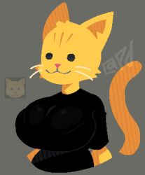 2023 :3 anthro artist_logo beady_eyes big_breasts black_clothing black_eyes black_shirt black_topwear breasts cat_ears cat_emoji clothed domestic_cat emoji_(race) felid feline felis female fur grey_background half-length_portrait hi_res huge_breasts logo mammal mouth_closed no_outlines portrait probablydemo reference_image shirt simple_background smile solo t-shirt tail topwear watermark whiskers yellow_body yellow_fur yellow_skin