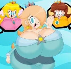 3barts 3girls big_breasts blonde_hair blue_eyes boob_window breasts_bigger_than_head brown_hair casual_nudity female female_only huge_breasts lipstick mario_(series) massive_breasts multiple_girls nintendo no_bra princess_daisy princess_peach princess_rosalina revealing_clothes thick_thighs waving wide_hips