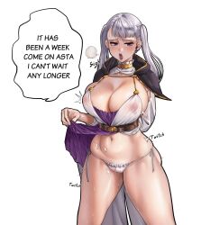 big_breasts black7 black_bulls_uniform black_clover blush breasts clothes_lift curvy english_text female female_focus female_only g-string large_breasts nipples noelle_silva panties purple_eyes see-through silver_hair solo solo_female solo_focus speech_bubble text thick_thighs thighs thong twintails voluptuous white_background white_panties