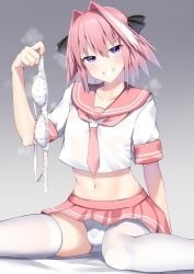 1boy astolfo_(fate) astolfo_(sailor_paladin)_(fate) black_bow blush bow bra bra_removed bulge bulge_through_clothing collarbone crossdressing fate/grand_order fate_(series) femboy grin hair_between_eyes hair_intakes hairbow highres kitajima_yuuki looking_at_viewer male_focus midriff miniskirt multicolored_hair navel neckerchief official_alternate_costume on_floor otoko_no_ko panties penis_under_clothes penis_under_skirt pink_hair pink_neckerchief pink_sailor_collar pink_skirt pleated_skirt polka_dot polka_dot_bra purple_eyes sailor_collar school_uniform serafuku shirt sitting skirt smile solo steaming_body streaked_hair thighhighs underwear wariza white_hair white_panties white_shirt white_thighhighs