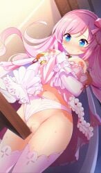 1girls animated blue_eyes blush breasts_out censored exposed_breasts female_masturbation gif lifting_skirt long_hair masturbating masturbation mosaic_censoring panties_aside pink_hair pixelated solo solo_female solo_focus sugar_conflict_x table_humping thighhighs