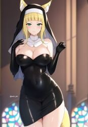 1girls ai_generated alternate_costume big_breasts blonde_hair cleavage dungeon_ni_deai_wo_motomeru_no_wa_machigatteiru_darou_ka fox_girl haruhime latex_suit long_hair nun sanjouno_haruhime tagme