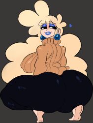 1girls ass_bigger_than_head barefoot big_ass big_breasts blue_lipstick breasts_bigger_than_head huge_ass huge_breasts lemonadepikachu lipstick long_hair looking_back loretta_(lemonadepikachu) mature_female milf smile smug squatting thick_thighs turtleneck