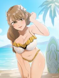 1girls adjusting_hair alternate_costume atramada1 bangs bare_thighs beach beauty_mark bikini braid breasts cleavage day female female_only fire_emblem fire_emblem_engage goldmary_(fire_emblem) hair_over_shoulder large_breasts leaning_forward long_hair mole mole_on_breast nintendo ocean open_mouth outdoors palm_tree side_ponytail smile solo surfboard swimsuit thighs tree white_bikini white_swimsuit yellow_bikini yellow_swimsuit