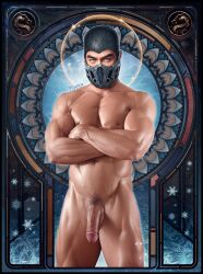 1boy abs balls bi-han biceps big_balls big_penis blue_eyes completely_nude flaccid flaccid_penis fuhrerdoodles gay half-erect hi_res highres huge_cock looking_at_viewer male male_focus male_only male_pubic_hair mask mortal_kombat muscles muscular muscular_arms muscular_legs muscular_male muscular_thighs nipples nude penis solo solo_male sub-zero vein veiny_penis